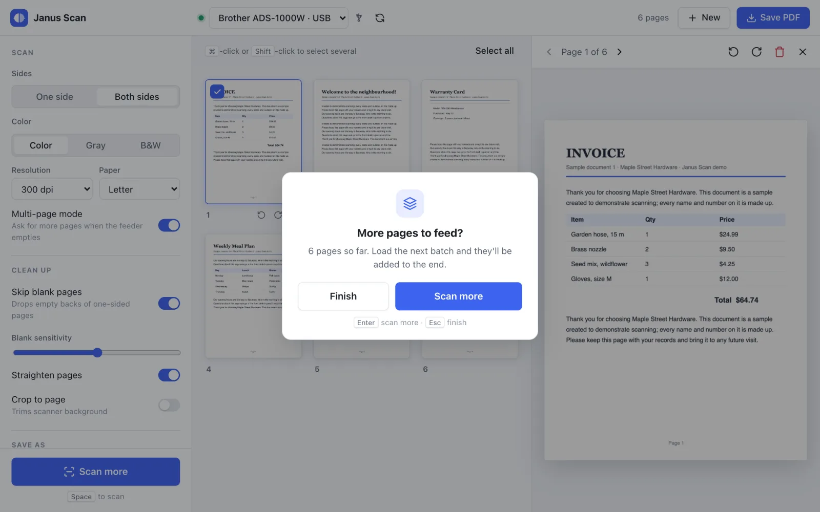 The "More pages to feed?" prompt after the feeder runs empty