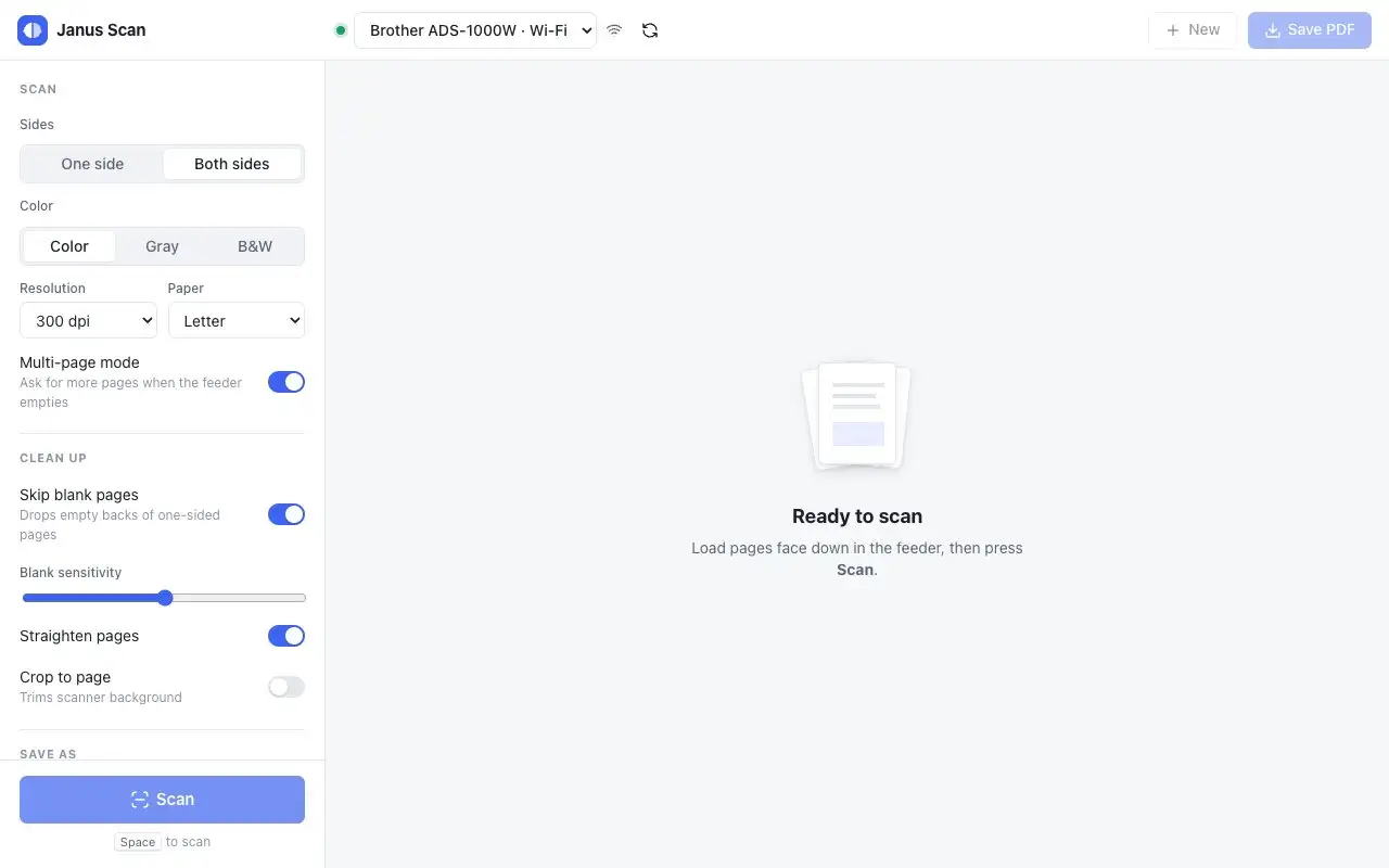 Janus Scan on a computer: scanning both sides, adding more pages, rotating a page, dragging pages into order and saving to a NAS folder