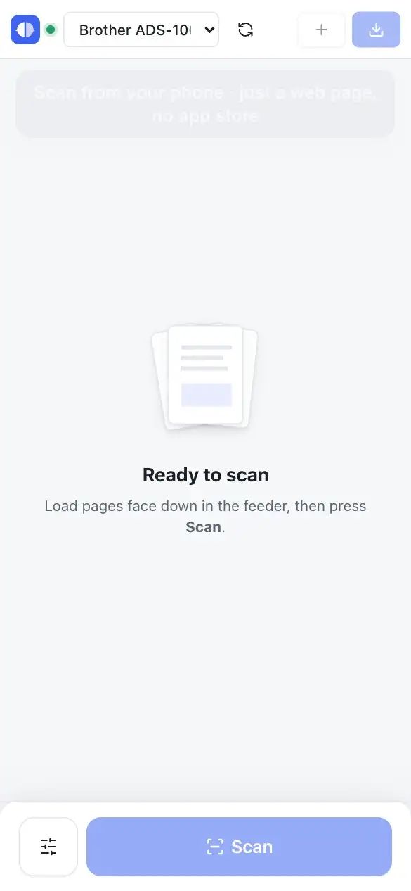 Janus Scan on a phone: one big Scan button, long-press to drag pages into order, rotate a page full screen and save to a NAS folder