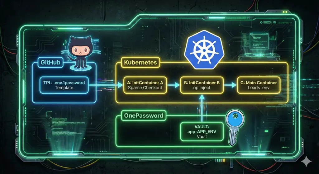 Flow Diagram for Config Injection From 1Password to Application