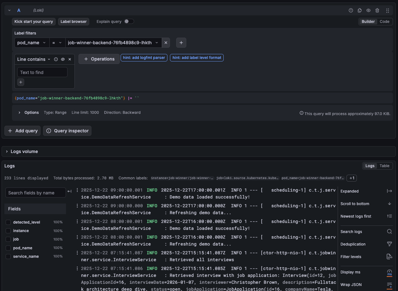 Grafana Explore view showing log queries by pod_name